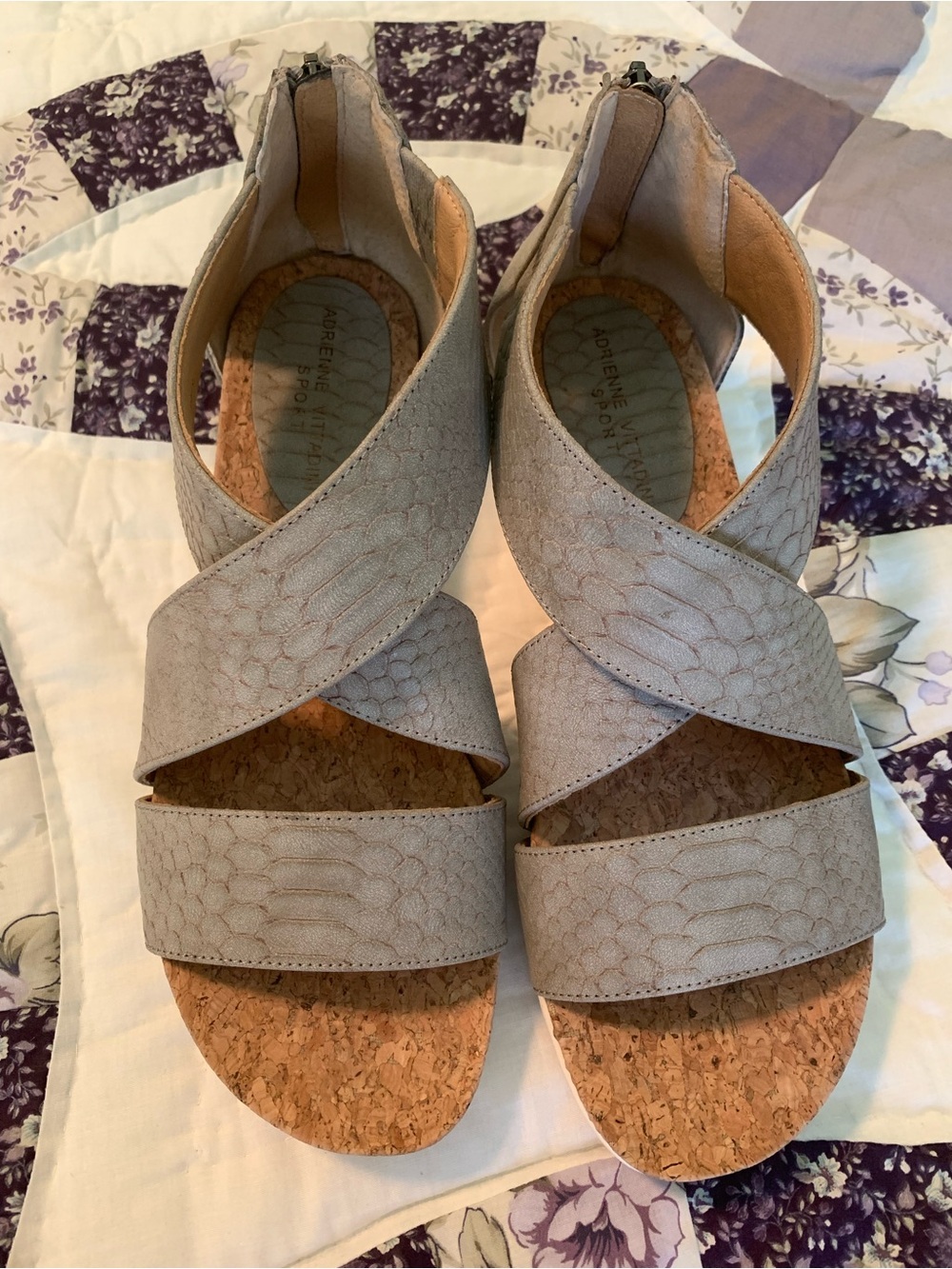 Adrienne Vittadini Light Gray/Beige Crisscross Snake Print Cork Wedge Sandals